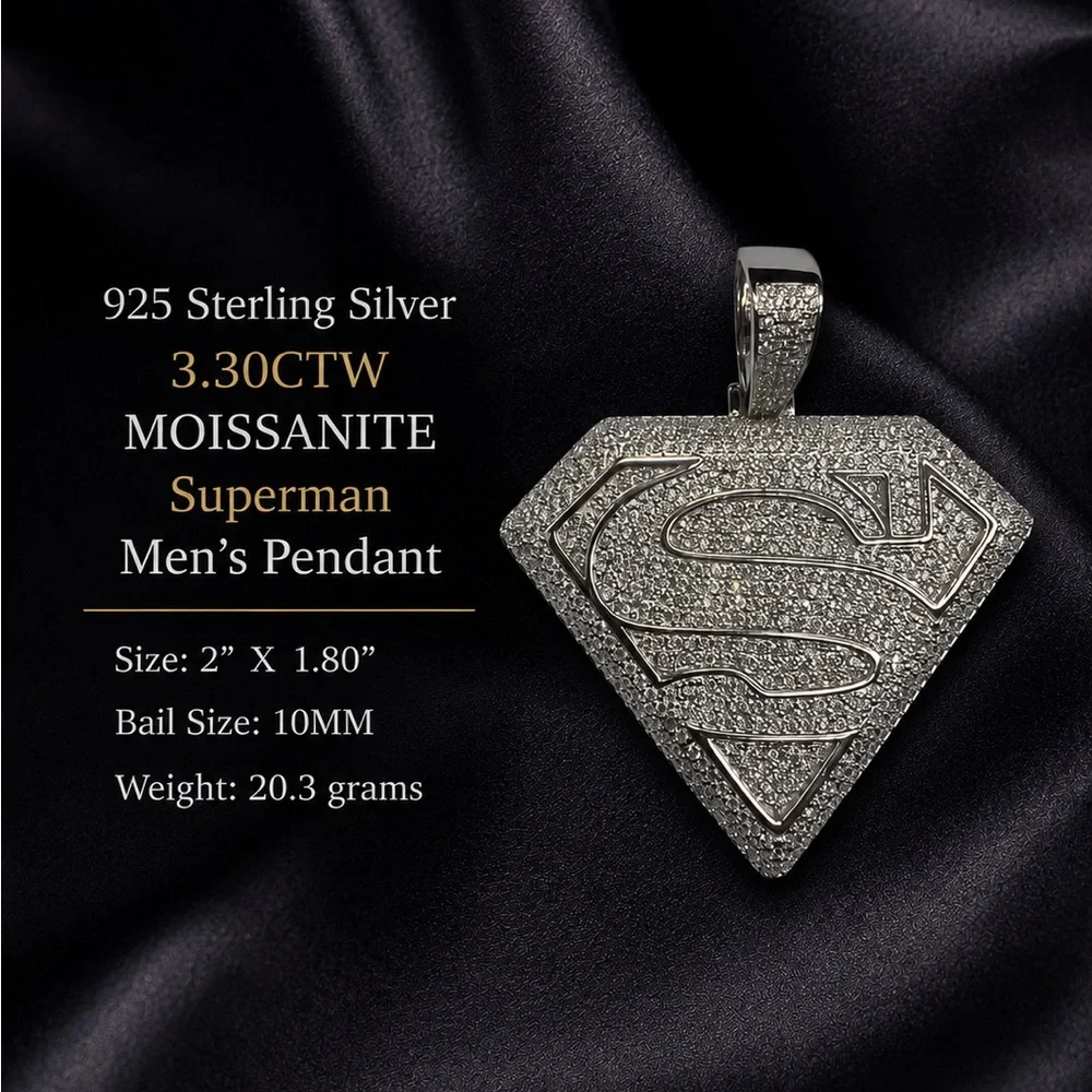 925 Sterling Silver Pave Superman Pendant 3.30CTW  MOISSANITE